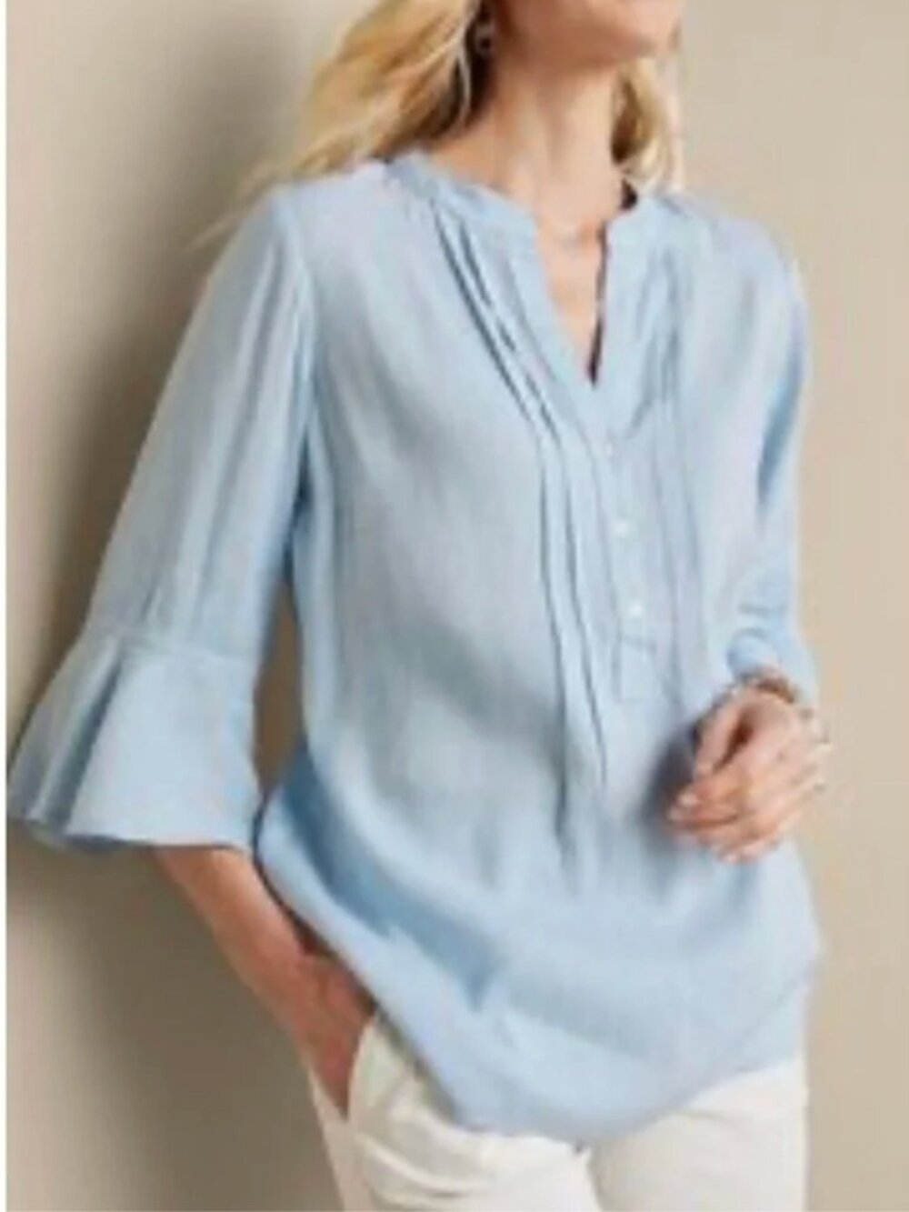 Soft Surroundings Raisa Linen Top L Bell Sleeve Pintuck Blue Coastal Lagenlook